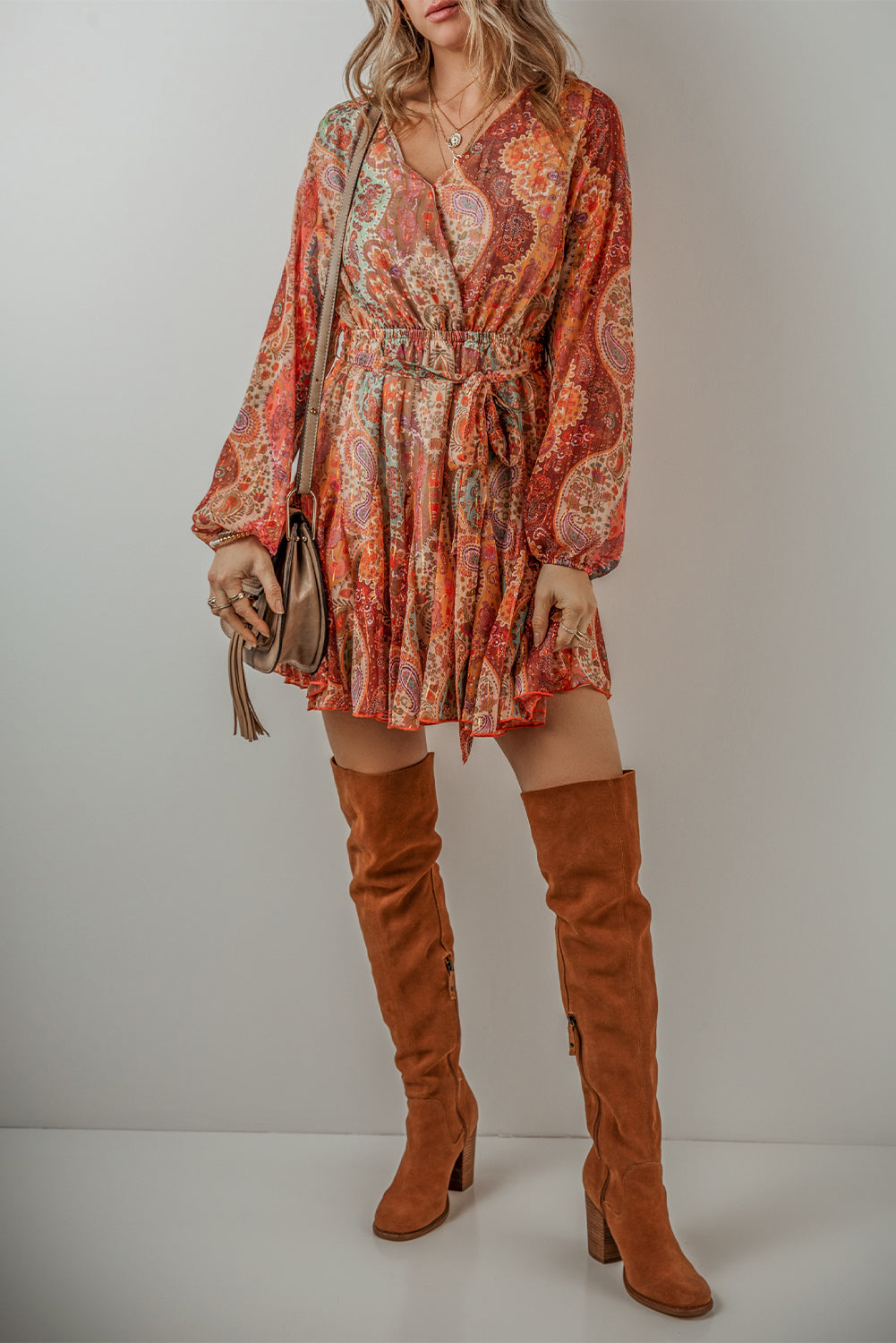 Oranje Boho Mini Jurk met Paisley Print met Lange Mouwen