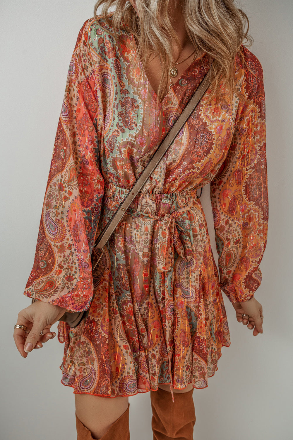 Oranje Boho Mini Jurk met Paisley Print met Lange Mouwen