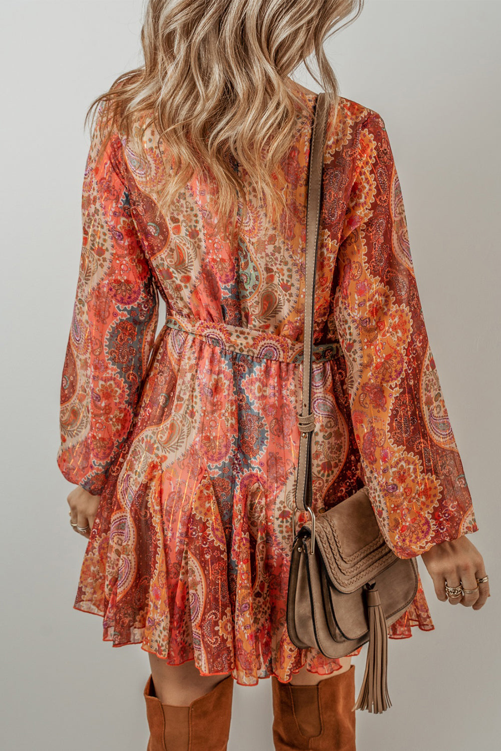 Oranje Boho Mini Jurk met Paisley Print met Lange Mouwen