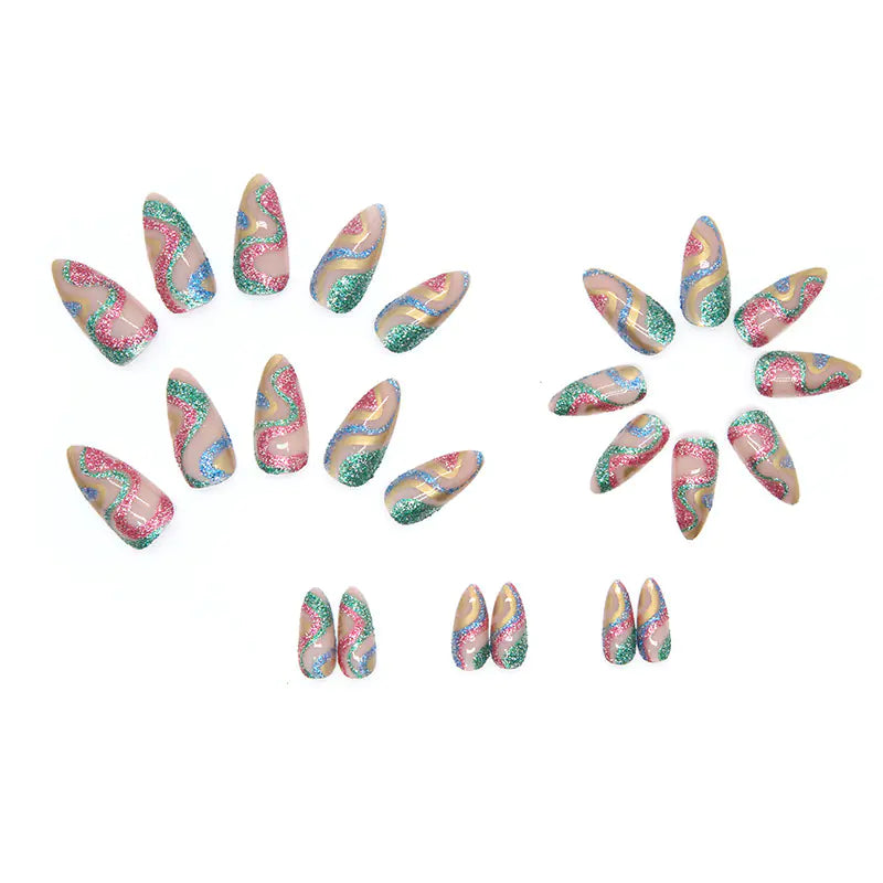 Shiny Serpentine Ripple Press-On Nails – 24pcs | Almond Shape