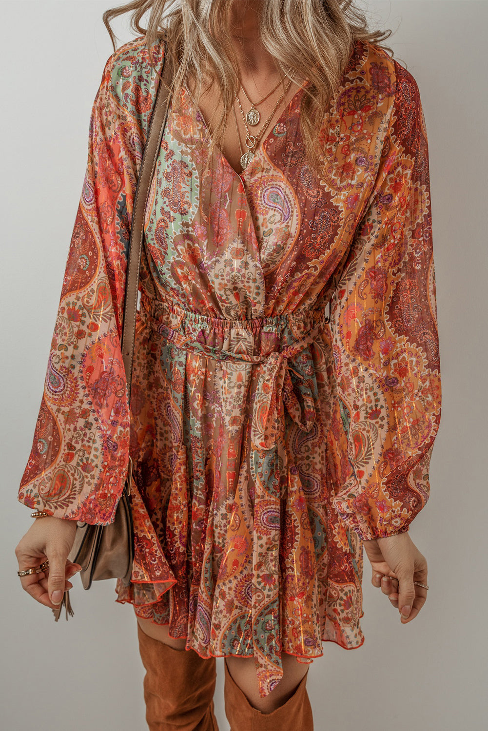 Oranje Boho Mini Jurk met Paisley Print met Lange Mouwen