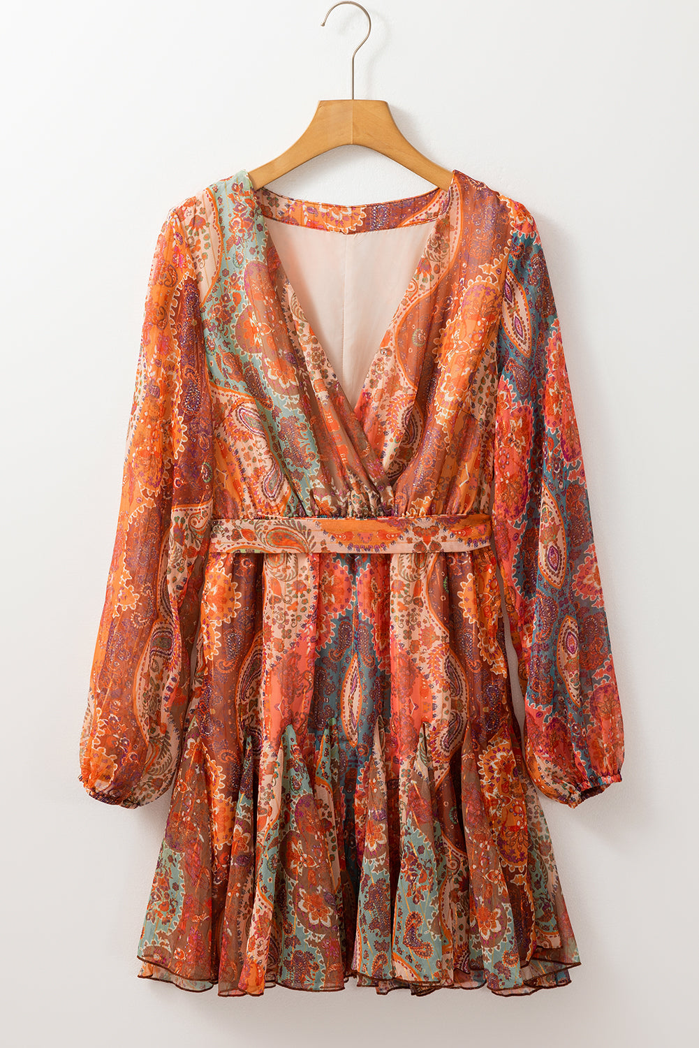 Oranje Boho Mini Jurk met Paisley Print met Lange Mouwen