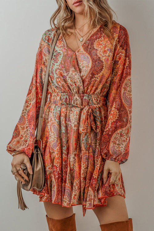 Oranje Boho Mini Jurk met Paisley Print met Lange Mouwen