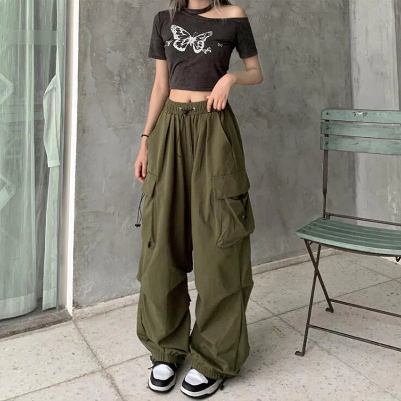 Women Casual Baggy Cargo Pants Solid Low Waist Joggers Tech Pants