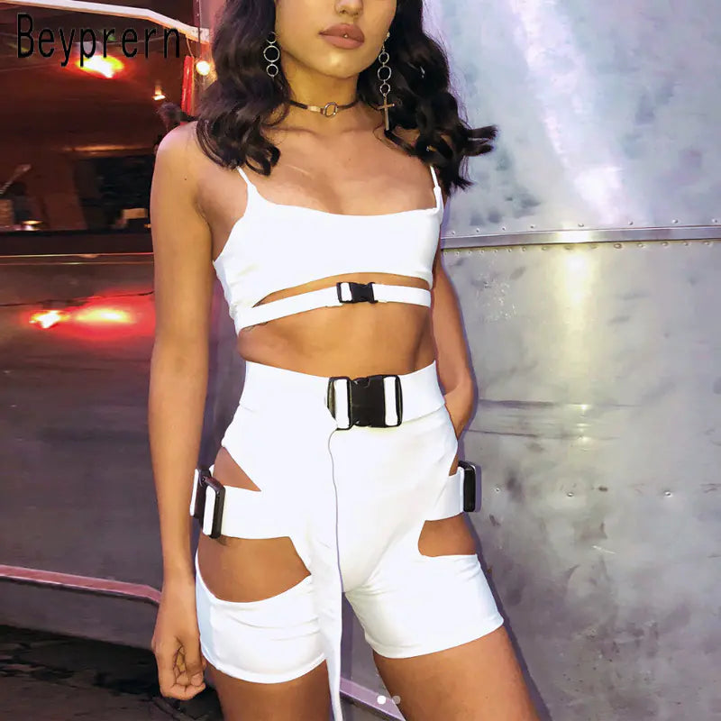 Neon Strapped Power Set - Crop Top en High Waist Shorts