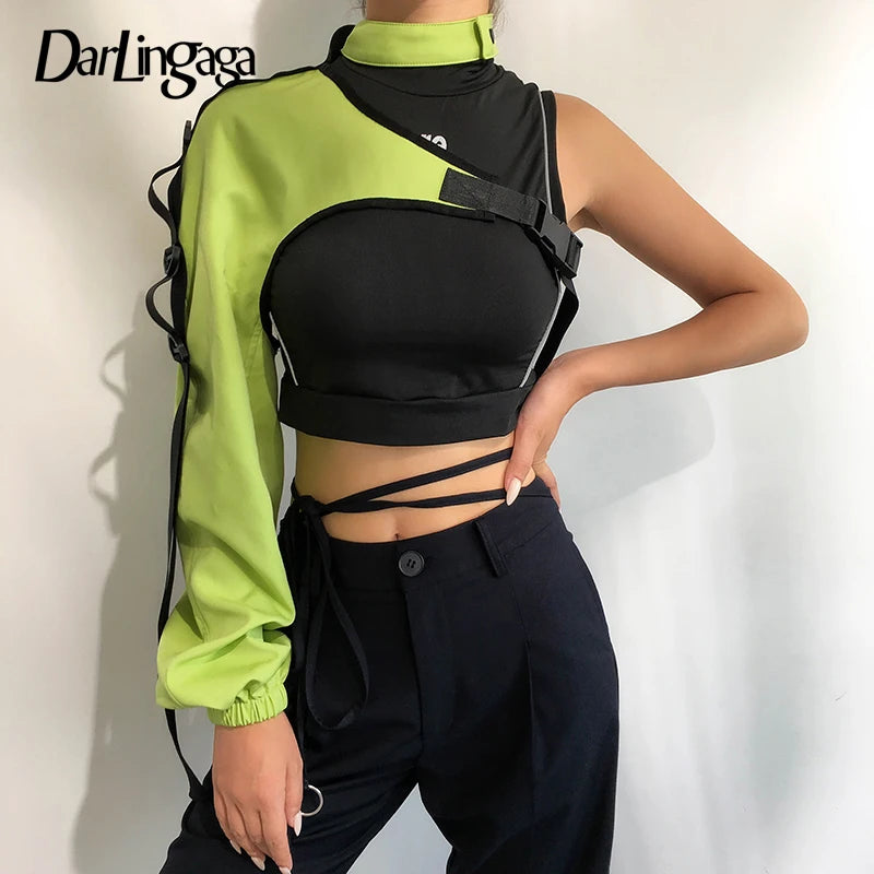 Darlingaga Streetwear Neon Halter Sweatshirt Hoodie Buckle Reflective