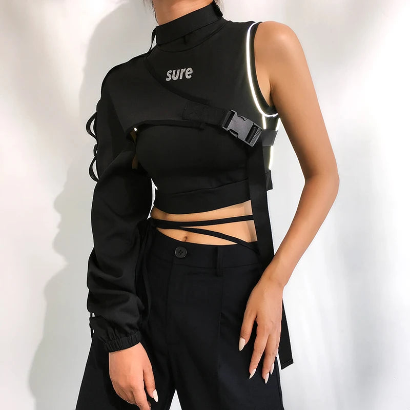 Darlingaga Streetwear Neon Halter Sweatshirt Hoodie Buckle Reflective