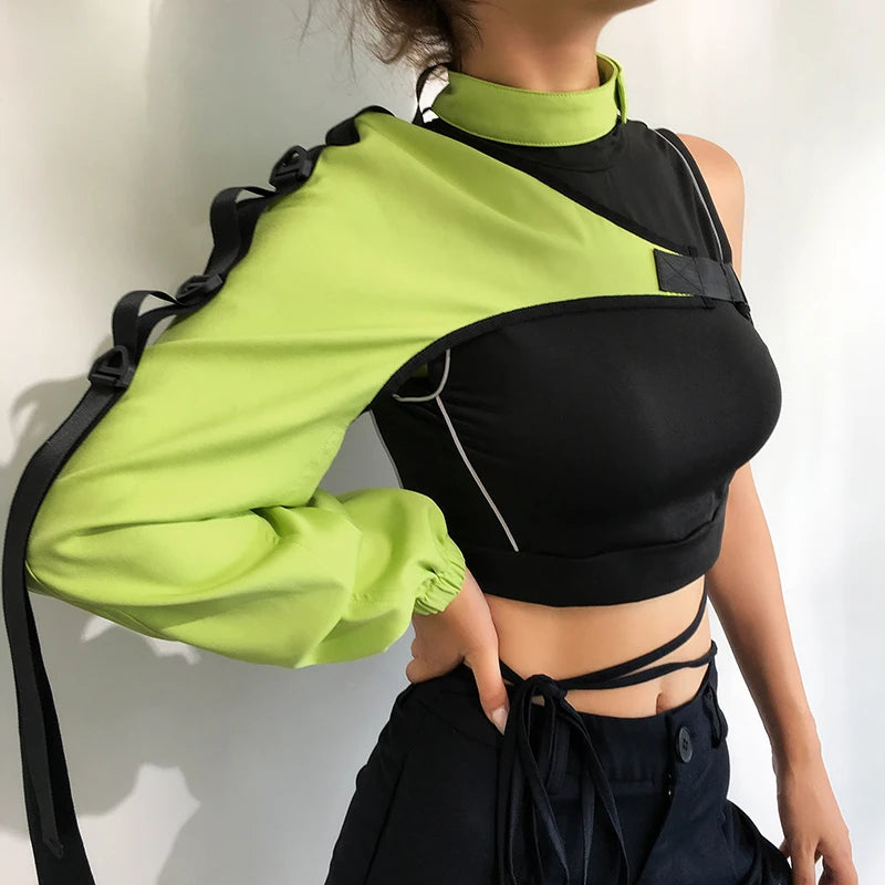Darlingaga Streetwear Neon Halter Sweatshirt Hoodie Buckle Reflective