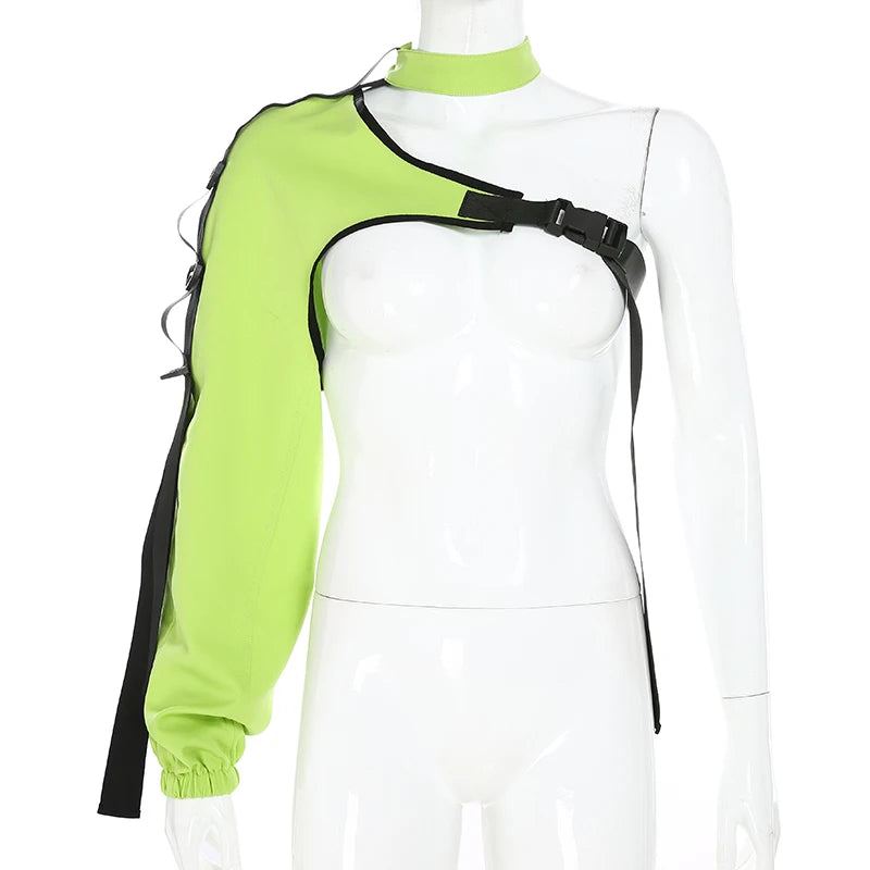 Darlingaga Streetwear Neon Halter Sweatshirt Hoodie Buckle Reflective