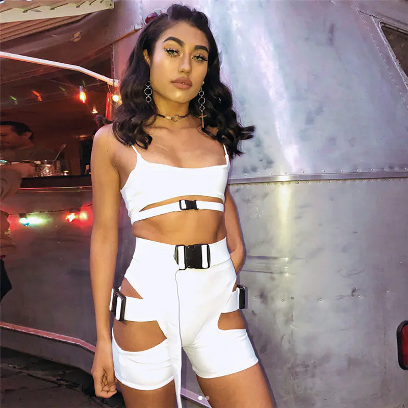 Neon Strapped Power Set - Crop Top en High Waist Shorts