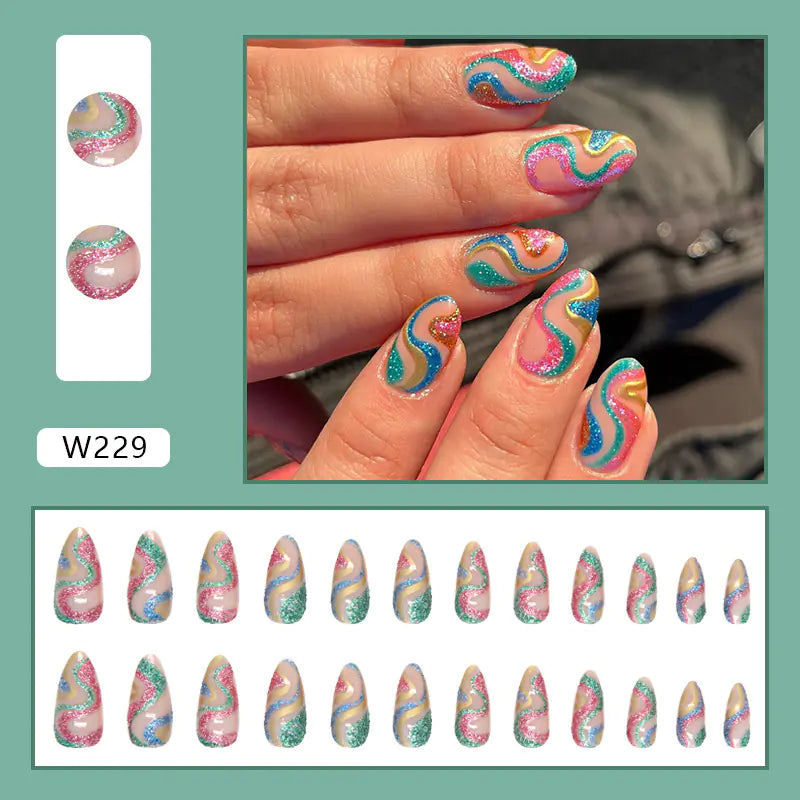 Shiny Serpentine Ripple Press-On Nails – 24pcs | Almond Shape