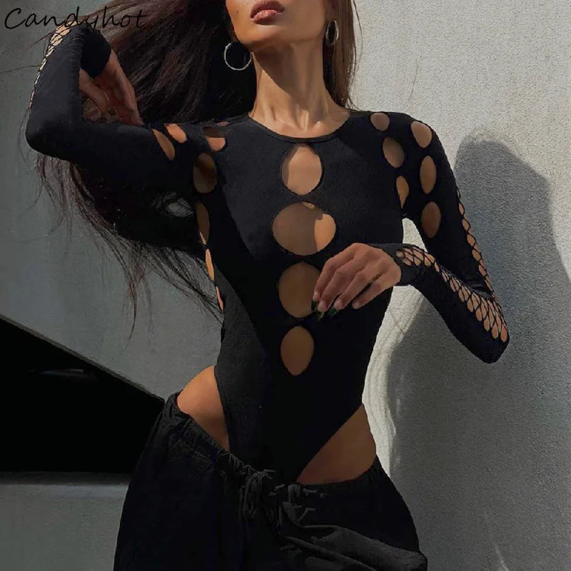 Candyhot Sexy Dot Hollow Out Bodysuit Y2K Gothic Punk Long Sleeves