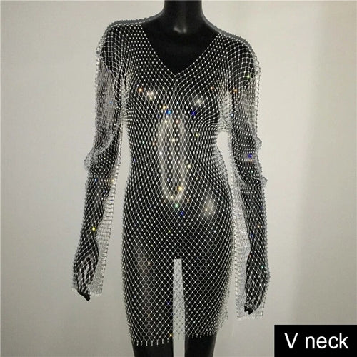 Shiny Rhinestones Grid Fishnet Dress Long Sleeve O-Neck Hollw Out Side