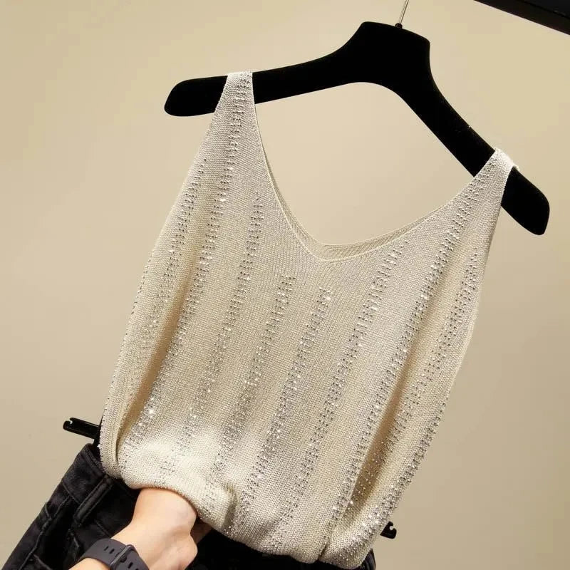 Rhinestones Tank Top Elegant Sleeveless Shiny Loose Knit Camis Corset