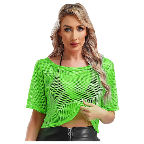 Women 80s Disco Neon Fishnet T-shirt Tops Short Sleeve Hollow Out Mesh