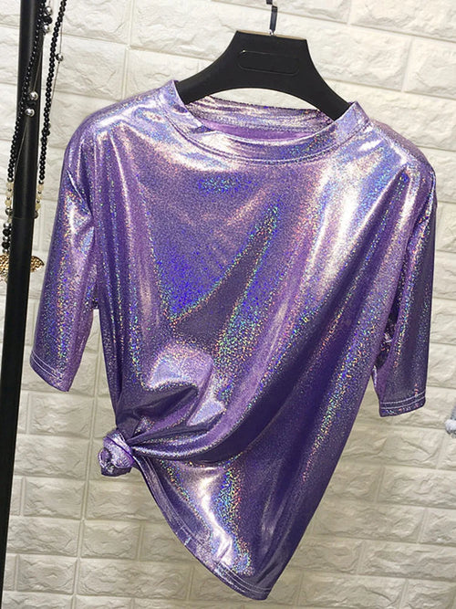 New summer retro style stylish bright silk woman tops shiny loose
