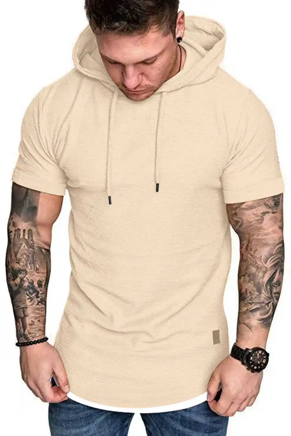 New summer hooded T-shirt men's solid color men's short sleeve T-shirt