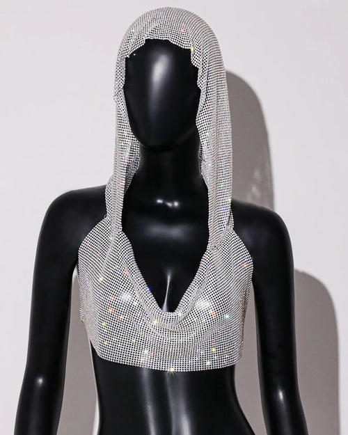 Women Sexy Mesh See Through T Shirt Shiny Rhinestone Fishnet Hollow