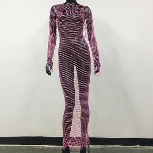 Shiny Rhinestones Grid Fishnet Dress Long Sleeve O-Neck Hollw Out Side