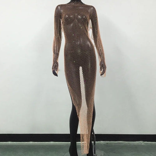 Shiny Rhinestones Grid Fishnet Dress Long Sleeve O-Neck Hollw Out Side
