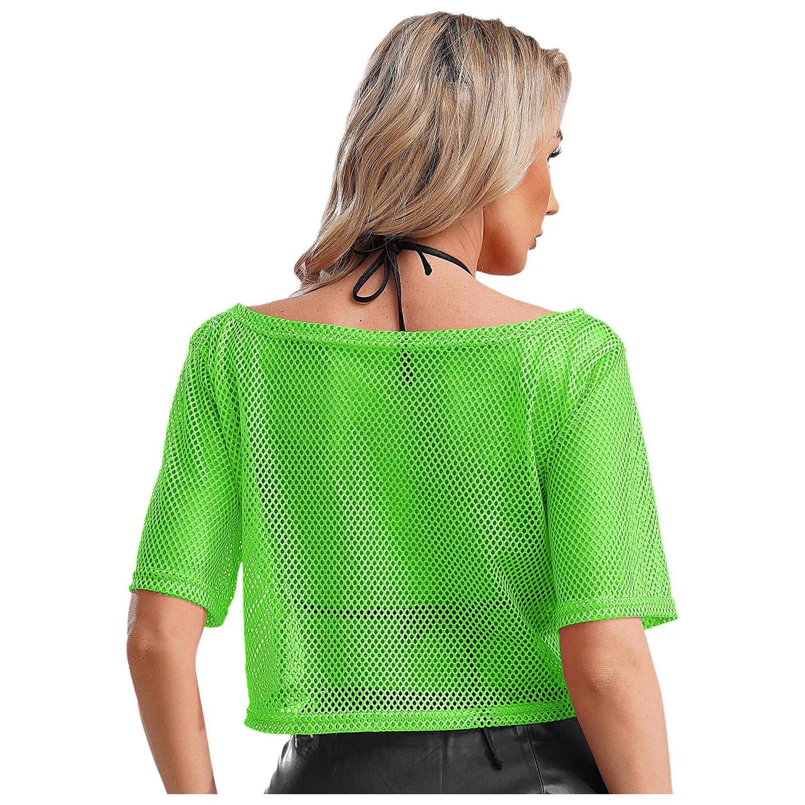 Women 80s Disco Neon Fishnet T-shirt Tops Short Sleeve Hollow Out Mesh