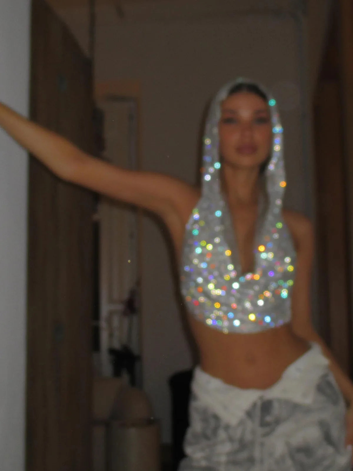 Women Sexy Mesh See Through T Shirt Shiny Rhinestone Fishnet Hollow