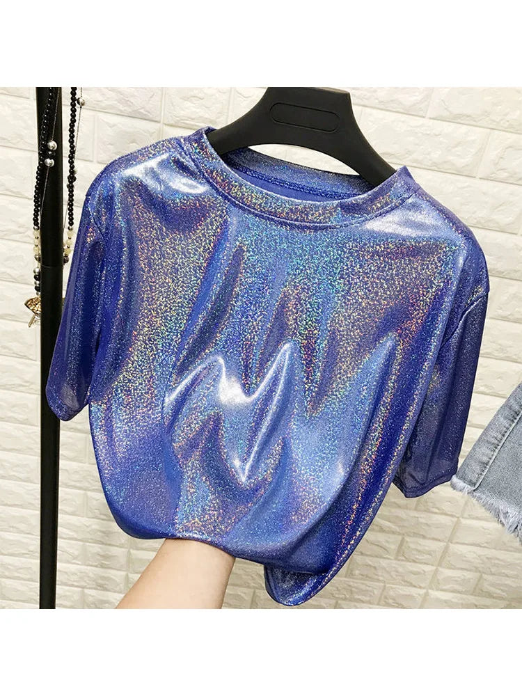 New summer retro style stylish bright silk woman tops shiny loose