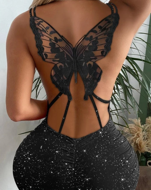 Sexy Glitter Vlinder Bodycon Jurk - Mini Partyjurk met Cut-Out en Spaghetti Bandjes
