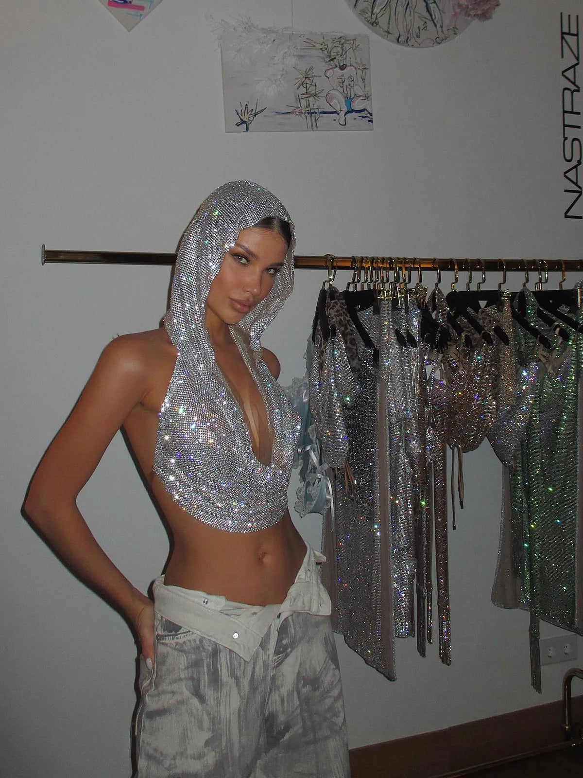 Women Sexy Mesh See Through T Shirt Shiny Rhinestone Fishnet Hollow