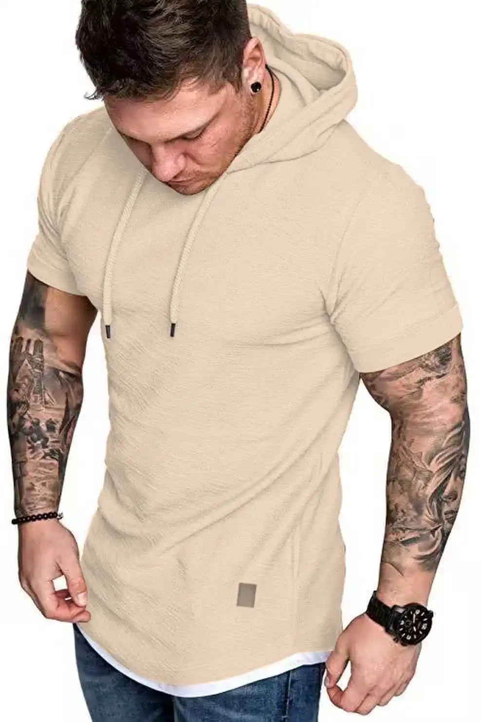 New summer hooded T-shirt men's solid color men's short sleeve T-shirt