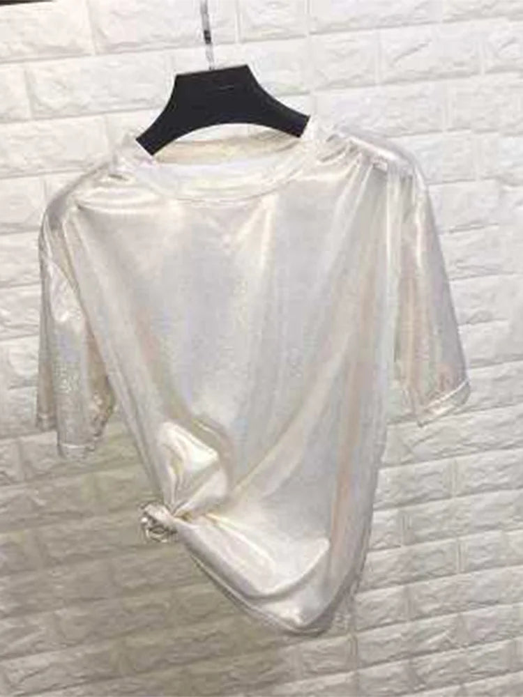 summer woman tops shiny loose short sleeve t-shirt sexy club aesthetic