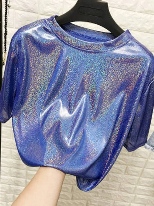 New summer retro style stylish bright silk woman tops shiny loose