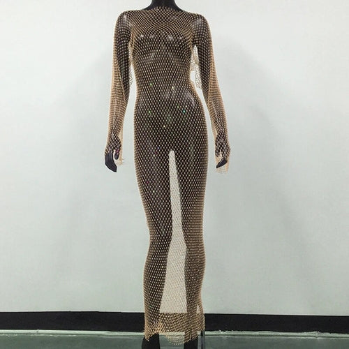 Shiny Rhinestones Grid Fishnet Dress Long Sleeve O-Neck Hollw Out Side