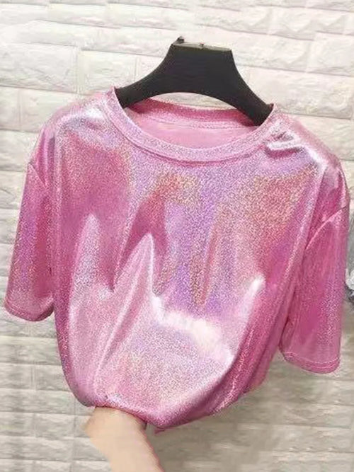 New summer retro style stylish bright silk woman tops shiny loose