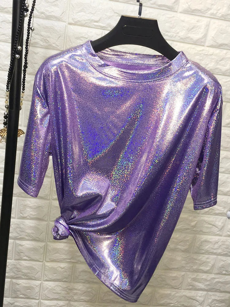 New summer retro style stylish bright silk woman tops shiny loose