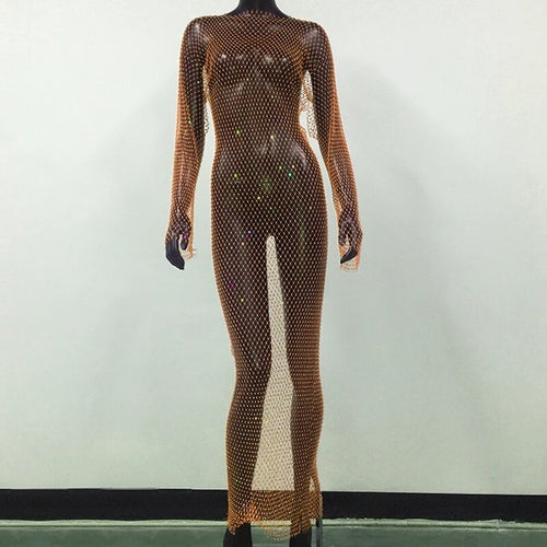 Shiny Rhinestones Grid Fishnet Dress Long Sleeve O-Neck Hollw Out Side
