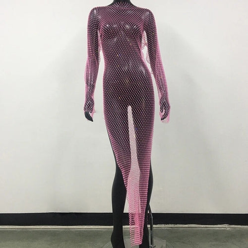 Shiny Rhinestones Grid Fishnet Dress Long Sleeve O-Neck Hollw Out Side