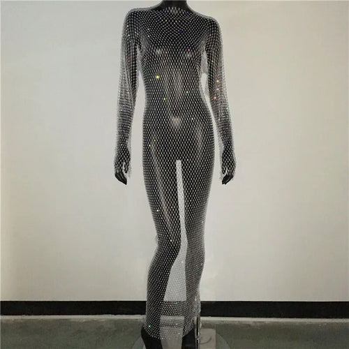 Shiny Rhinestones Grid Fishnet Dress Long Sleeve O-Neck Hollw Out Side