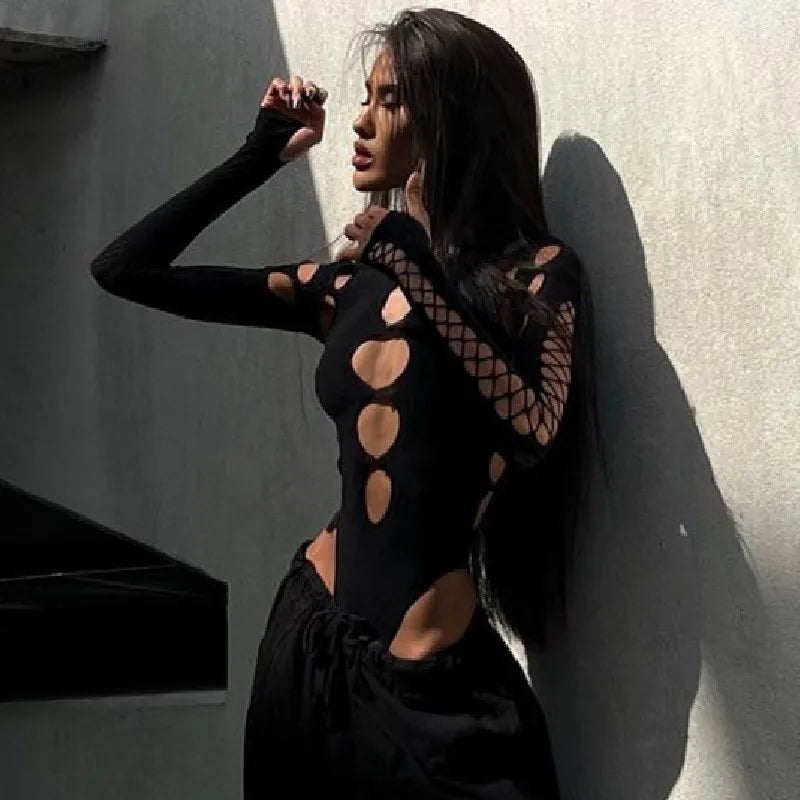 Candyhot Sexy Dot Hollow Out Bodysuit Y2K Gothic Punk Long Sleeves