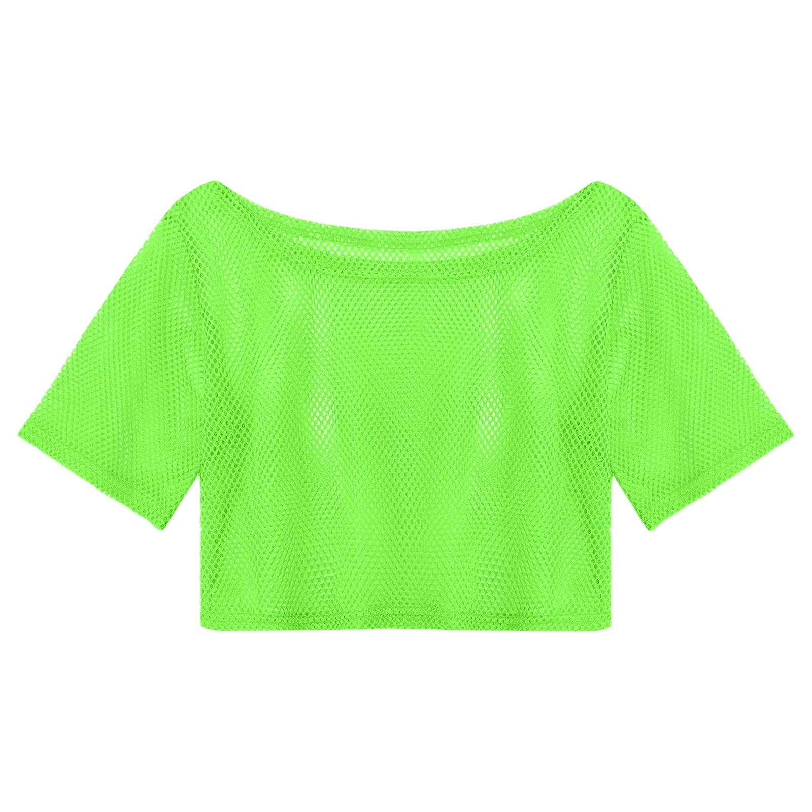 Women 80s Disco Neon Fishnet T-shirt Tops Short Sleeve Hollow Out Mesh