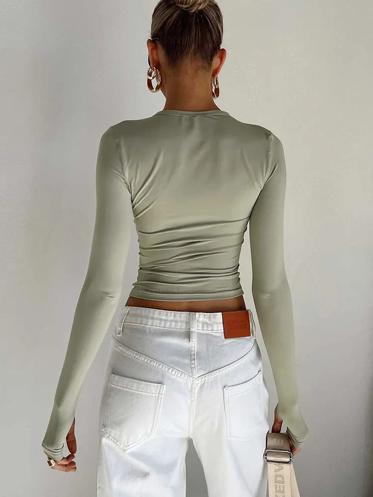 Crop Top met Lange Mouwen – Slim Fit Basic Dames T-shirt met Ronde Hals