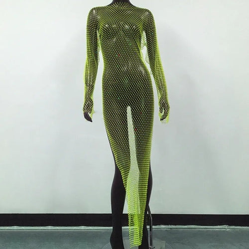 Shiny Rhinestones Grid Fishnet Dress Long Sleeve O-Neck Hollw Out Side