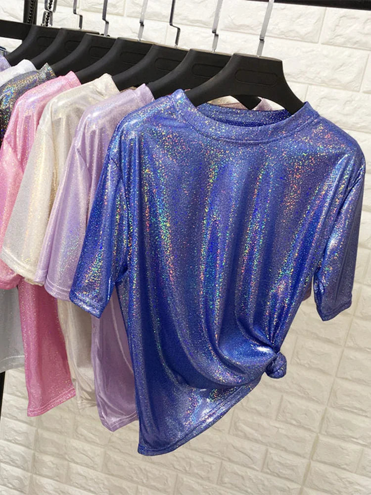 New summer retro style stylish bright silk woman tops shiny loose