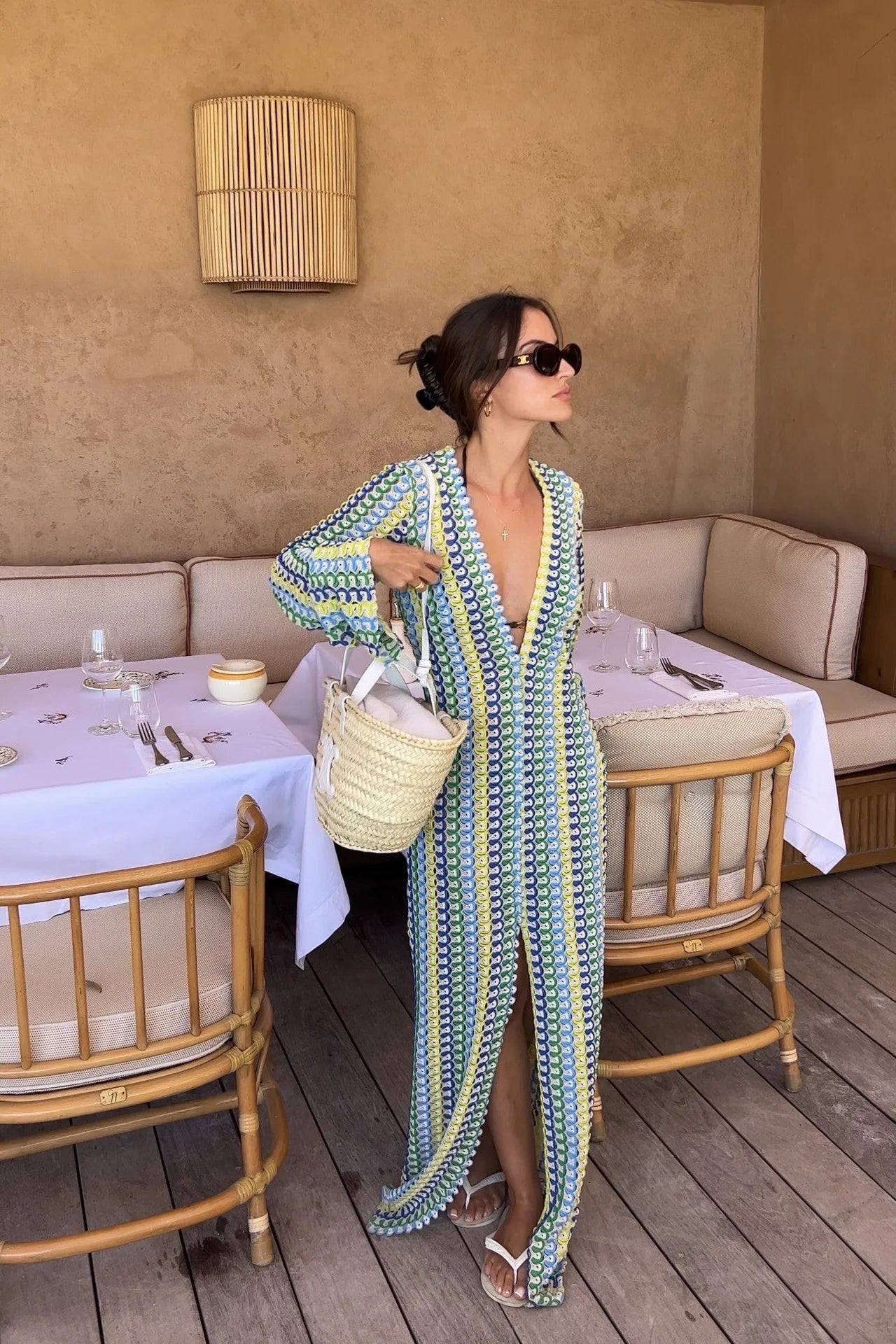 Gehaakte Maxi Jurk Dames – Boho jurk met Flare Mouwen & V-hals