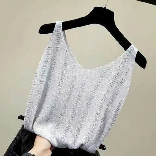 Rhinestones Tank Top Elegant Sleeveless Shiny Loose Knit Camis Corset