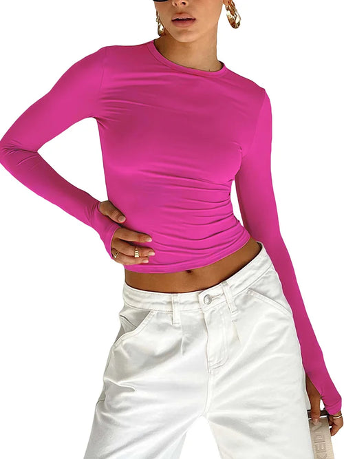 Crop Top met Lange Mouwen – Slim Fit Basic Dames T-shirt met Ronde Hals