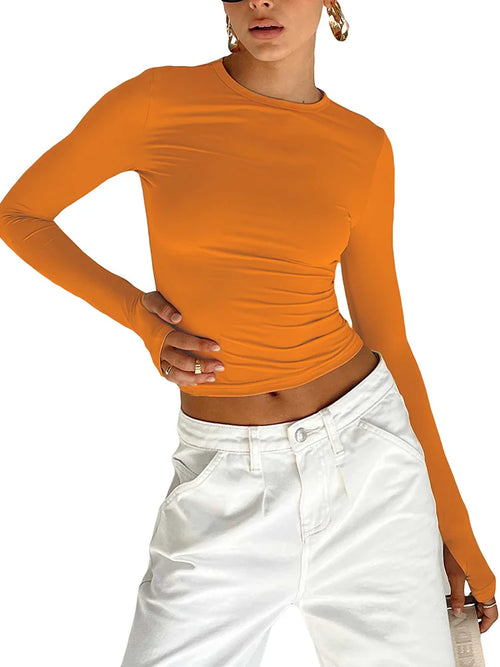 Crop Top met Lange Mouwen – Slim Fit Basic Dames T-shirt met Ronde Hals