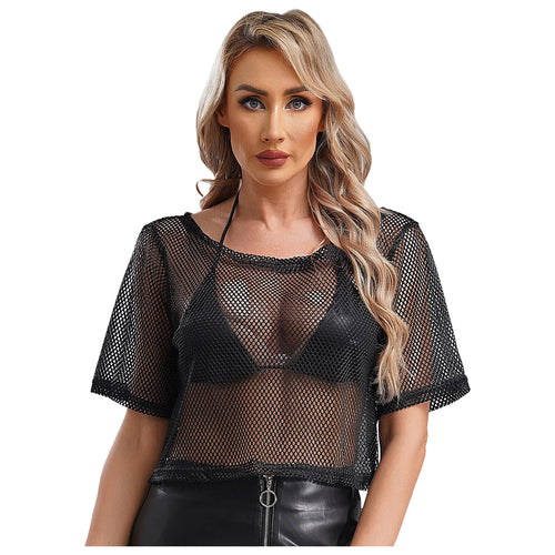 Women 80s Disco Neon Fishnet T-shirt Tops Short Sleeve Hollow Out Mesh