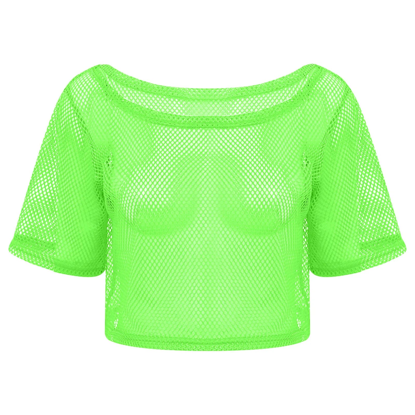 Women 80s Disco Neon Fishnet T-shirt Tops Short Sleeve Hollow Out Mesh