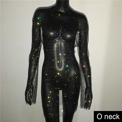 Shiny Rhinestones Grid Fishnet Dress Long Sleeve O-Neck Hollw Out Side